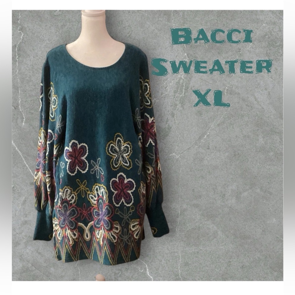 Bacci Floral Sweater Or Dress Knit Teal With Pockets Puff Sleeves Size XL